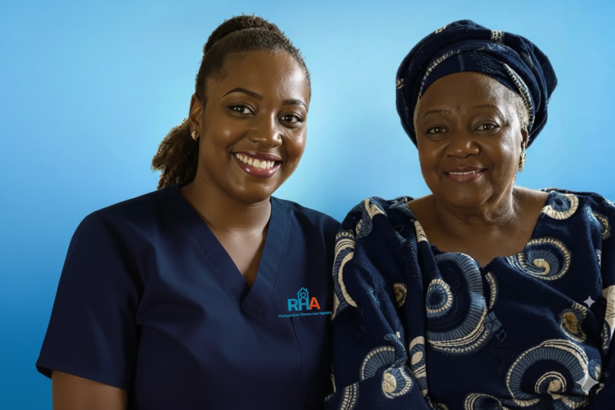 A nurse standing beside a nigerian elderly woman